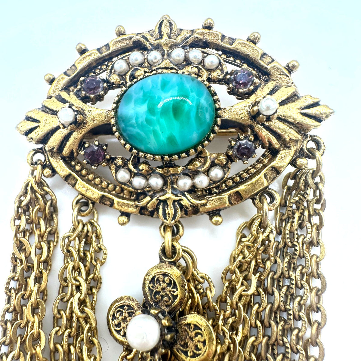 ART Victorian Revival gold tone swag chains rhinestones art glass brooch
