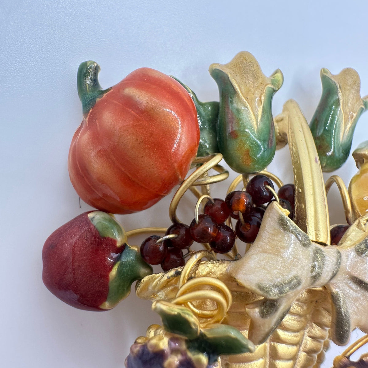 Vintage gold tone multicolor enamel fruits flowers floral basket brooch