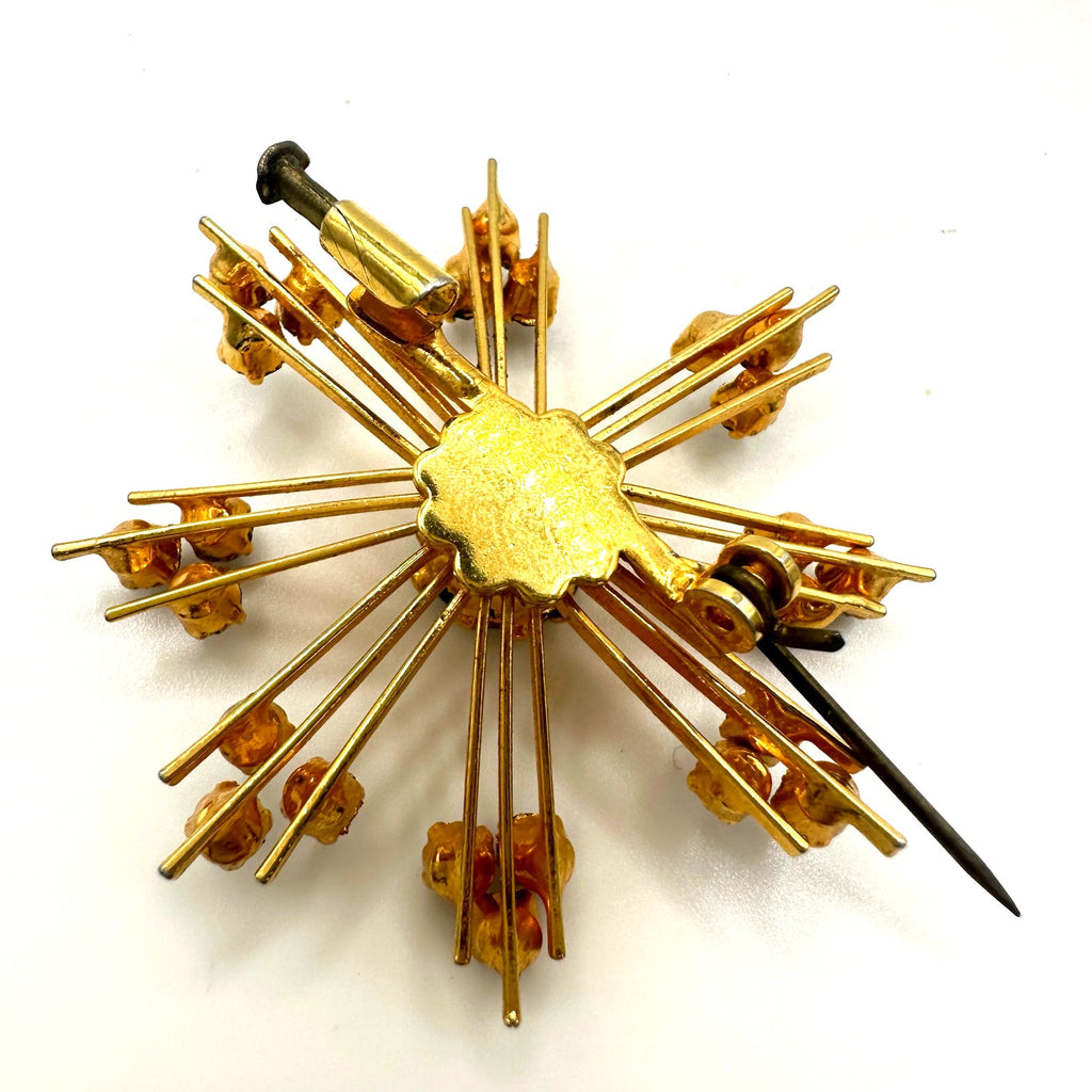 Vintage 1950s gold tone blue teal rhinestones starburst Sputnik brooch