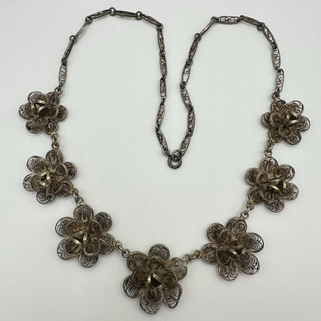 1940s vintage sterling silver handmade filigree graduated necklace 30.50g