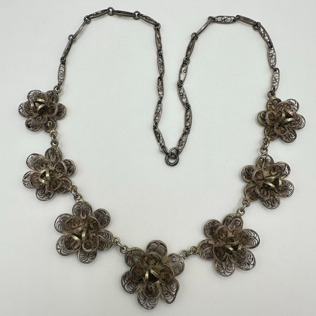 1940s vintage sterling silver handmade filigree graduated necklace 30.50g