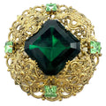 Vintage 1950s gold tone filigree massive emerald light green rhinestones brooch