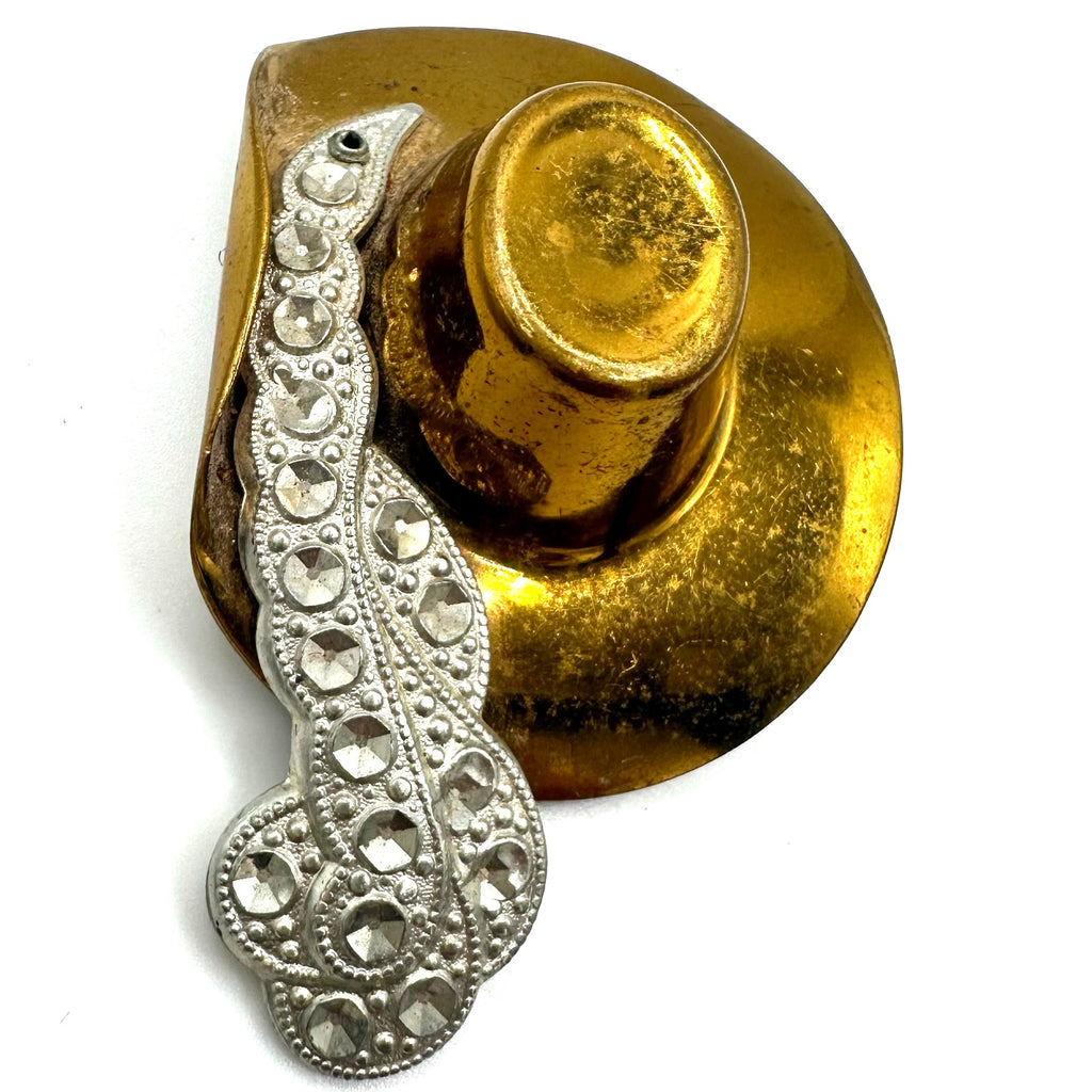 Vintage gold tone brass pot metal silver gold tone Spanish feather hat brooch