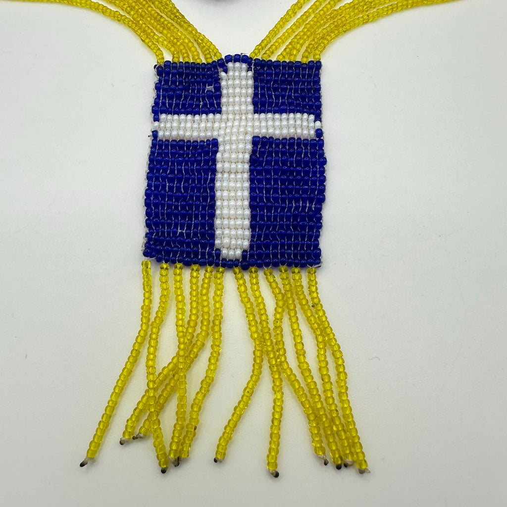 Antique Art Deco 1920s handmade yellow blue glass beaded crosses tassel necklace