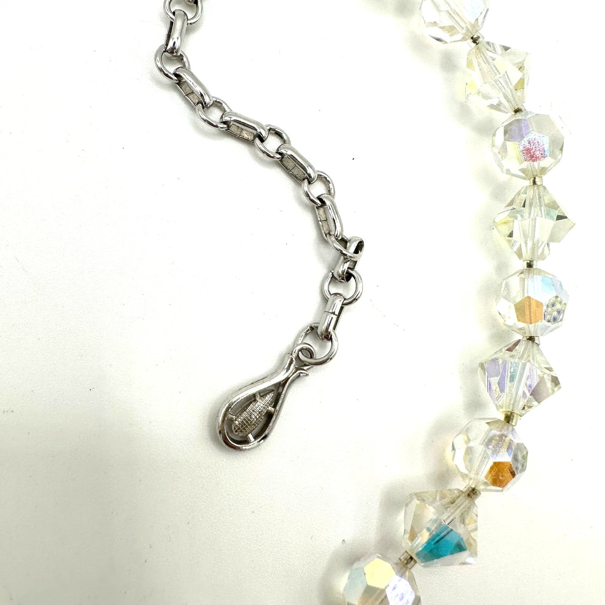 Coro 1950s vintage clear faceted glass aurora borealis AB beads beaded necklace