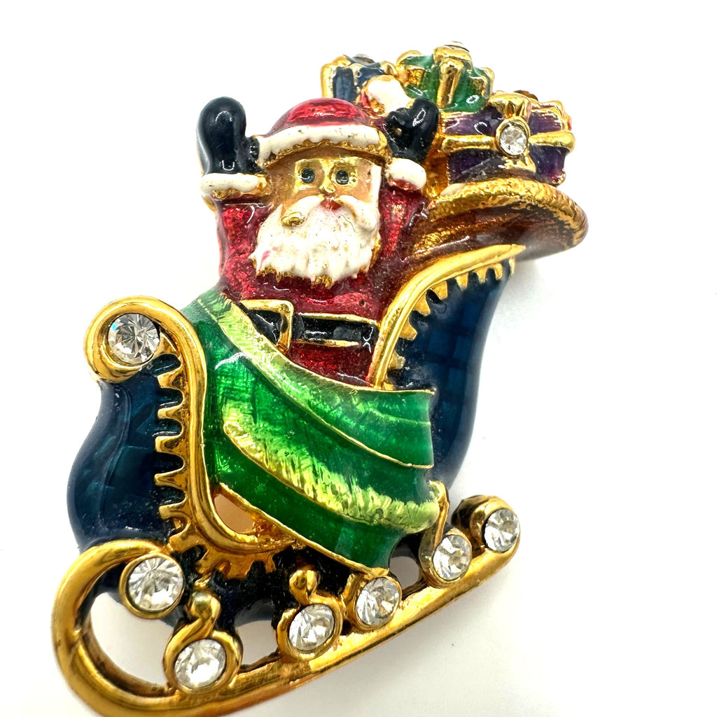 Christopher Radko vintage gold tone enamel Christmas Santa Claus sleigh brooch