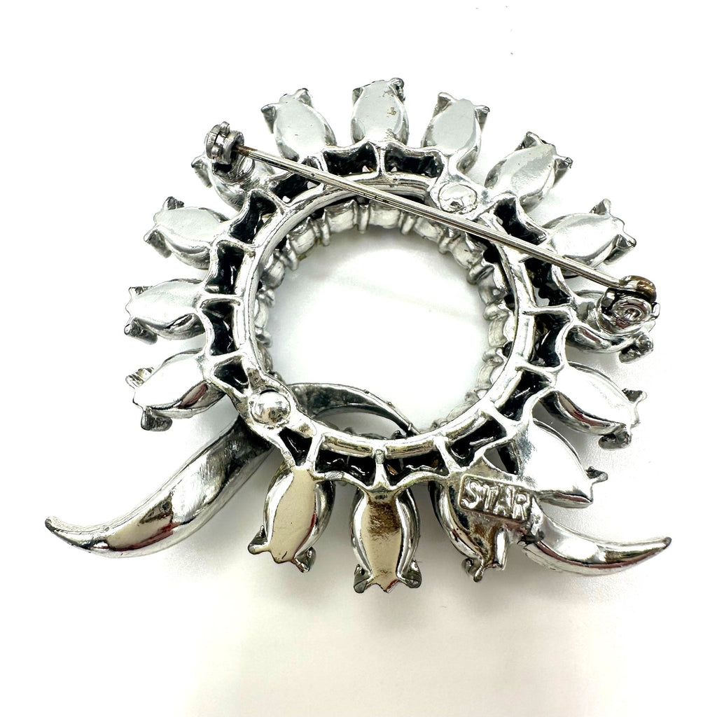 Star vintage silver tone clear gray AB aurora borealis rhinestones wreath brooch