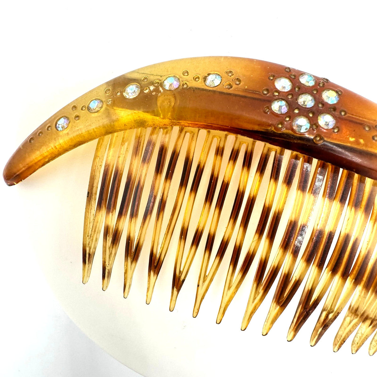 Made in USA vintage faux tortoiseshell celluloid AB rhinestones hair comb
