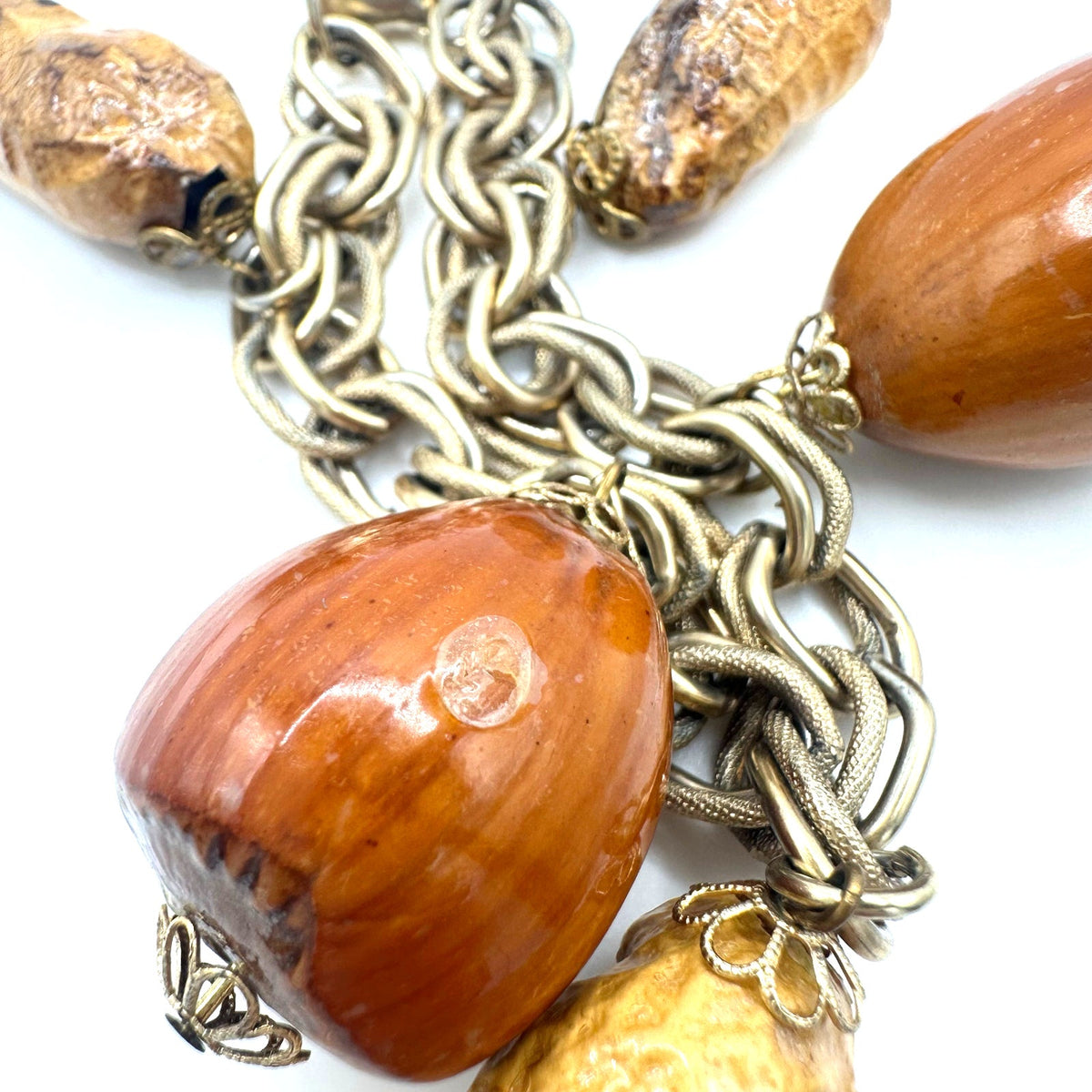 Vintage gold tone real peanuts chestnuts chunky statement chain charms bracelet