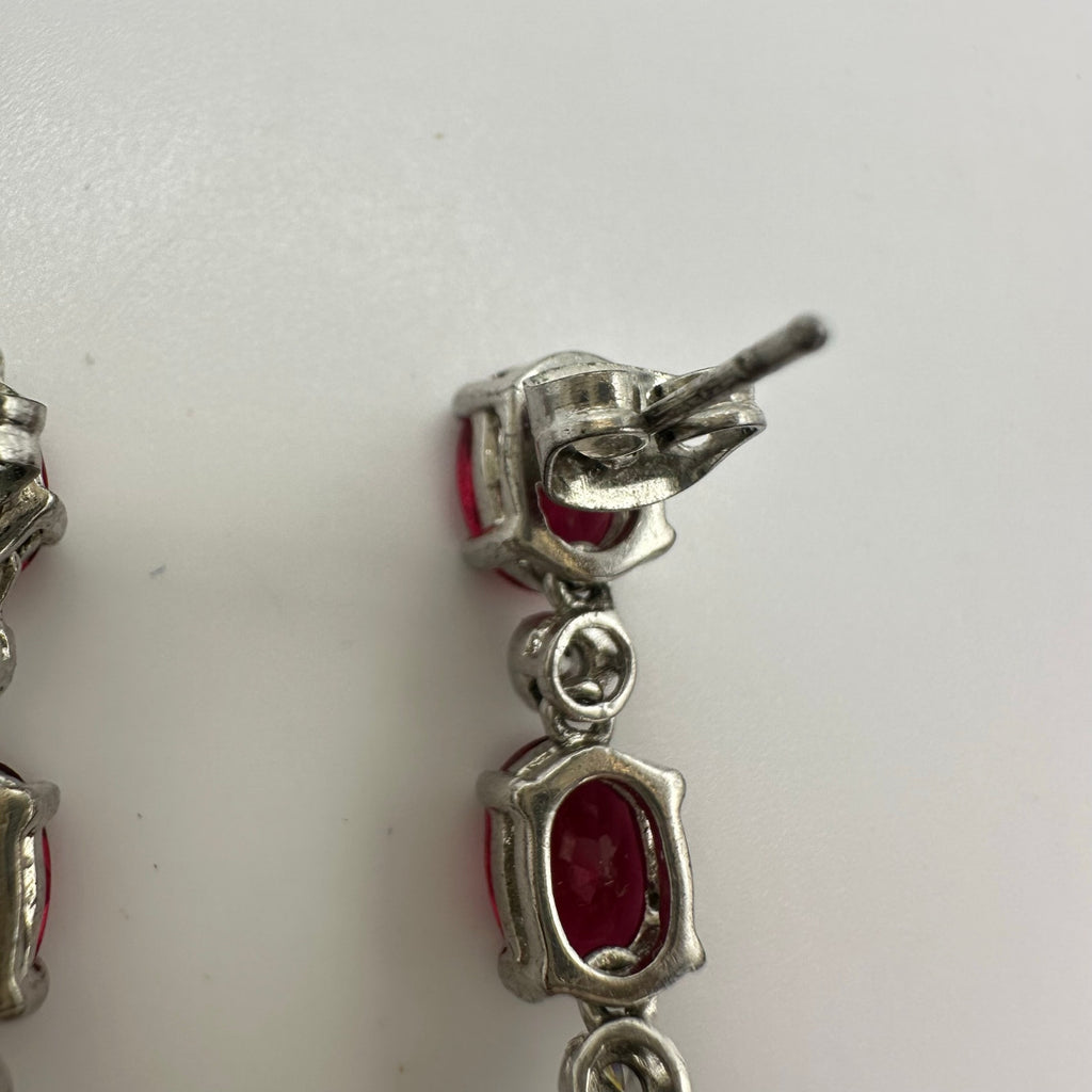 Silver tone red crimson clear cubic zirconia CZ posts dangle drop earrings