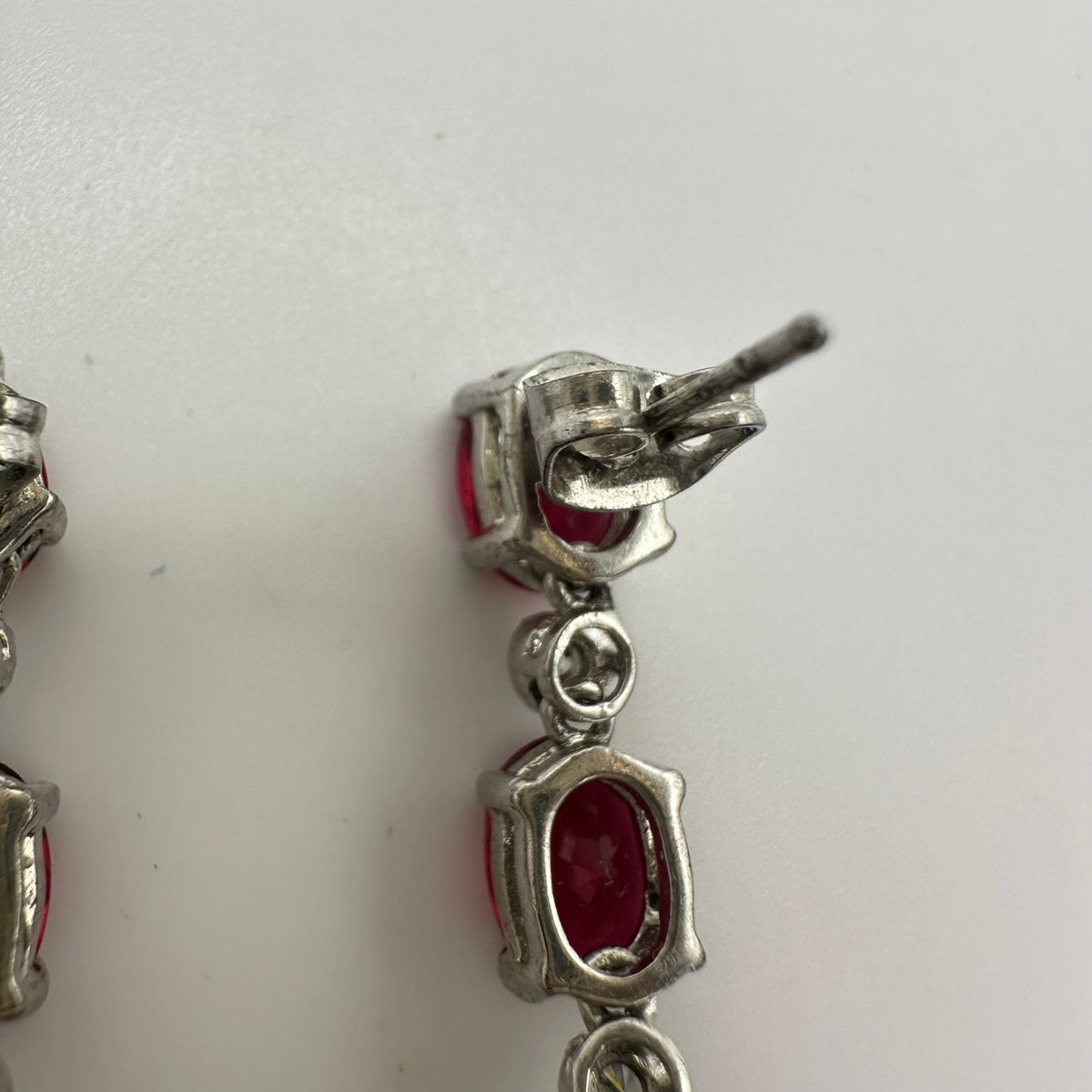 Silver tone red crimson clear cubic zirconia CZ posts dangle drop earrings