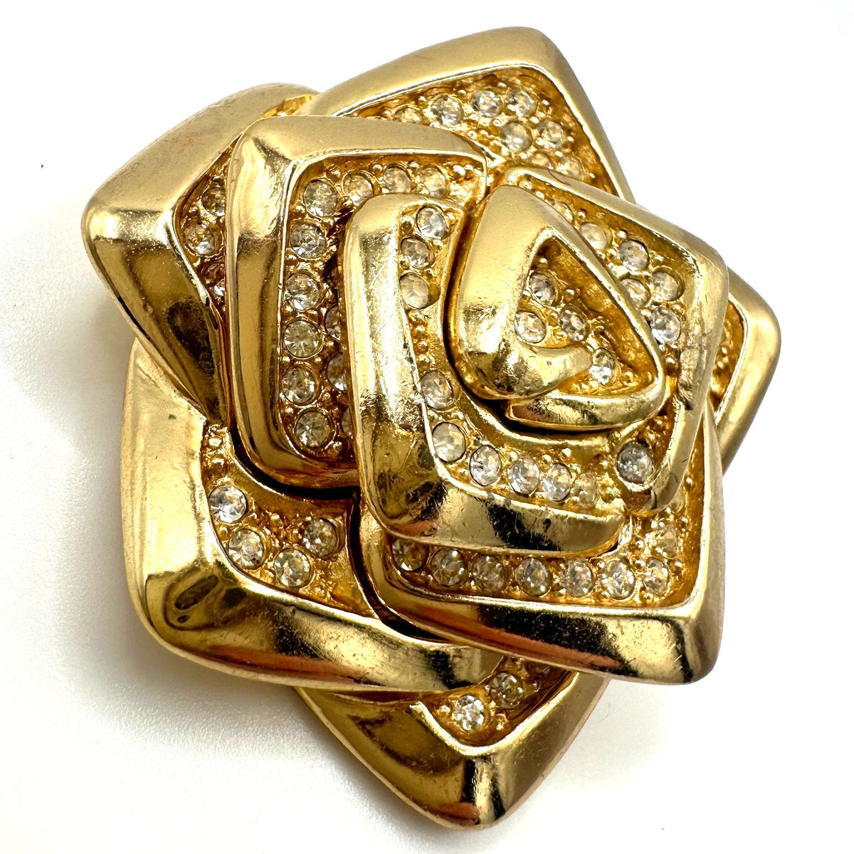 Rare Christian Dior 80s vintage gold plated clear crystals geometric rose brooch