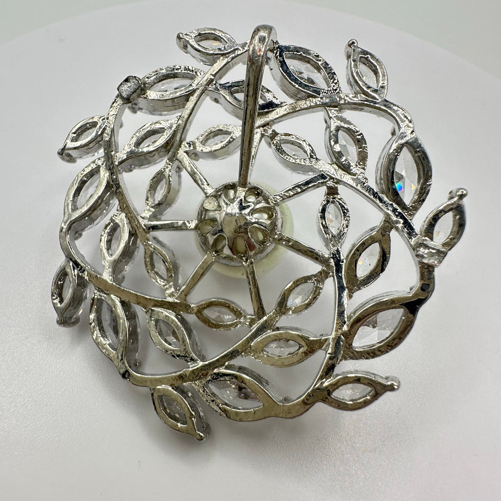 Vintage silver tone clear cubic zirconia CZ faux pearl round circular pendant