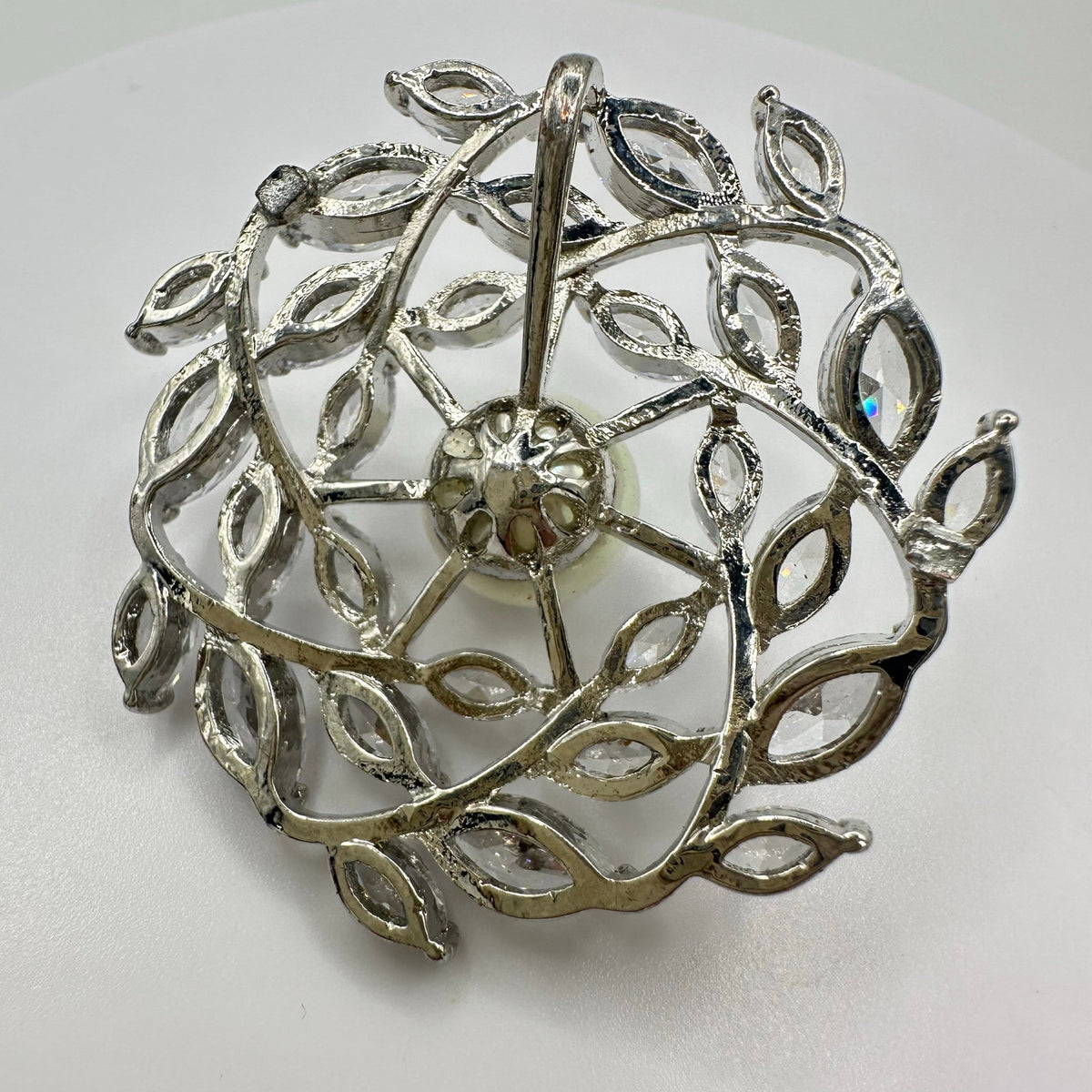 Vintage silver tone clear cubic zirconia CZ faux pearl round circular pendant