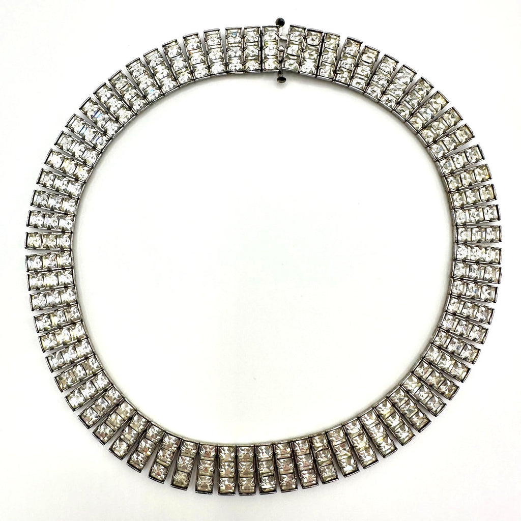Antique Art Deco 1930s silver tone clear Czech glass rhinestones necklace