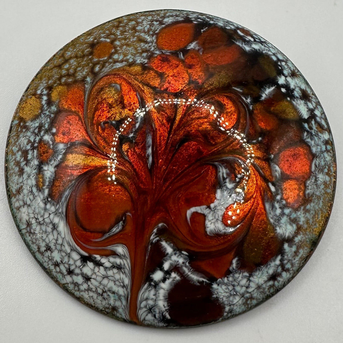 Inga vintage artisan fiery red orange white enamel round circular disc brooch