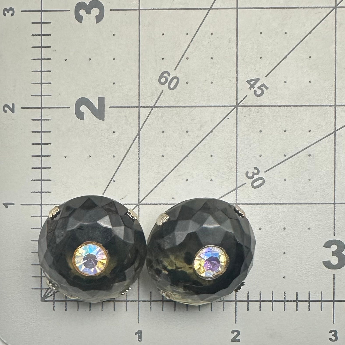 Vintage gold tone massive domed gray glass rhinestones AB clip on earrings