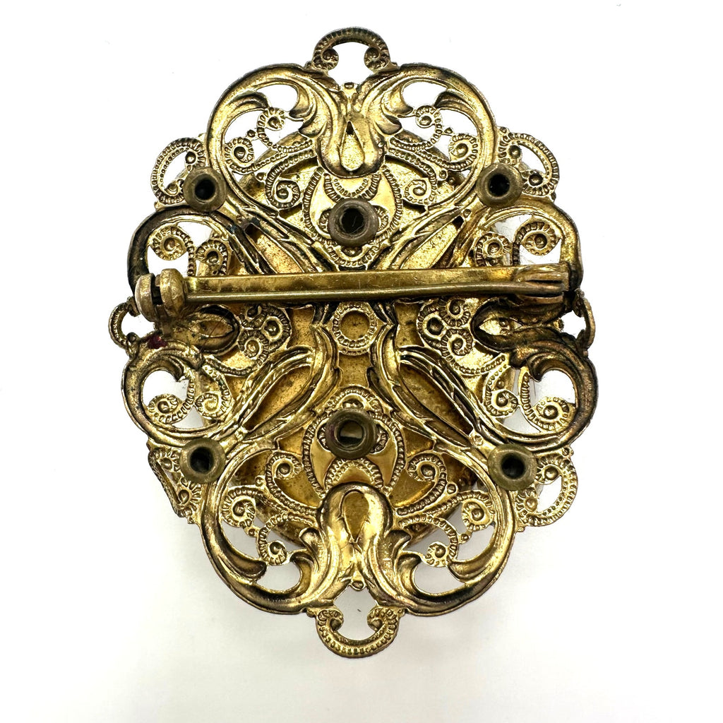 West Germany vintage gold tone floral portrait purple enamel rhinestones brooch