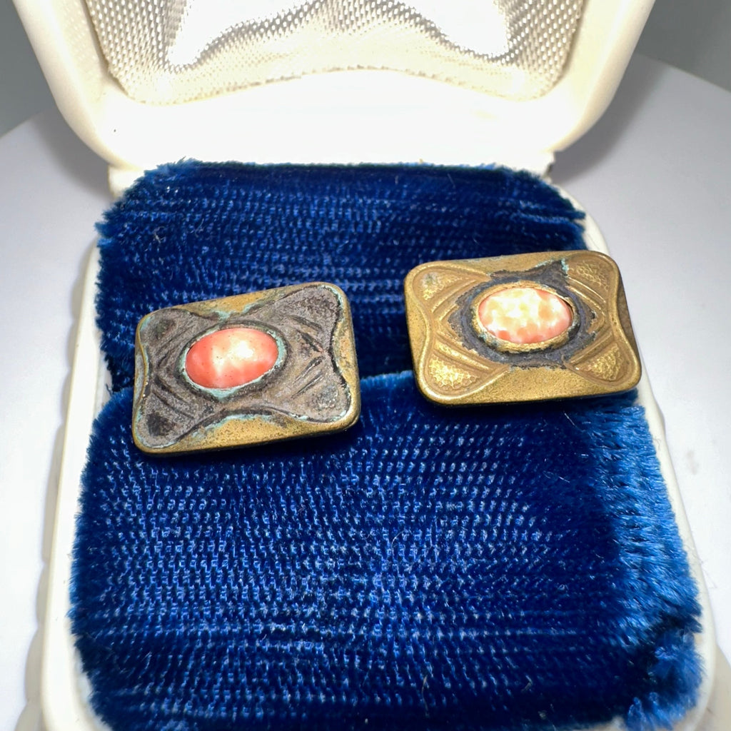 Antique Victorian Arts & Crafts gold tone peach art glass bean back cufflinks