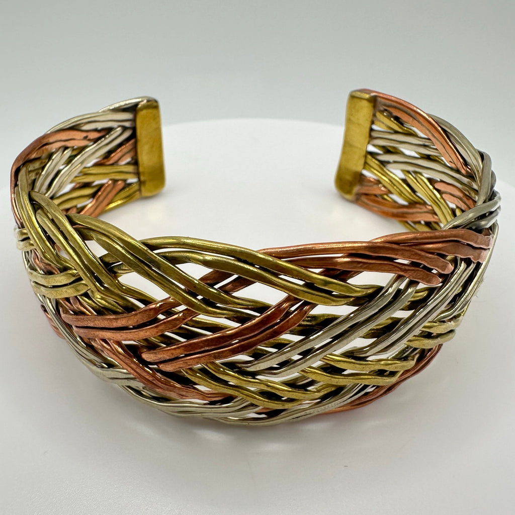 Tibetan vintage tri tone copper bronze silver nickel braided rope cuff bracelet