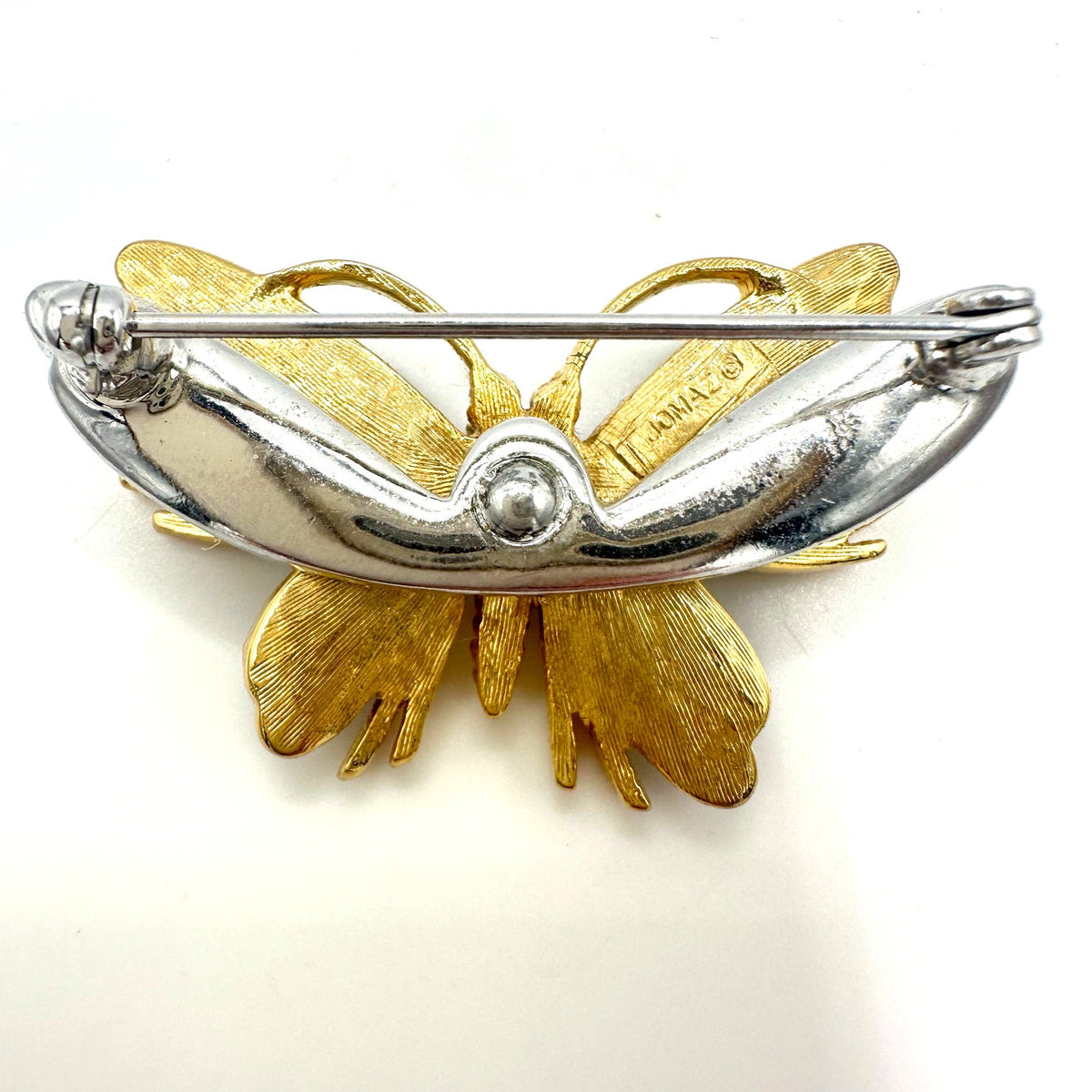 Jomaz vintage gold tone clear rhinestones art glass cabochons butterfly brooch