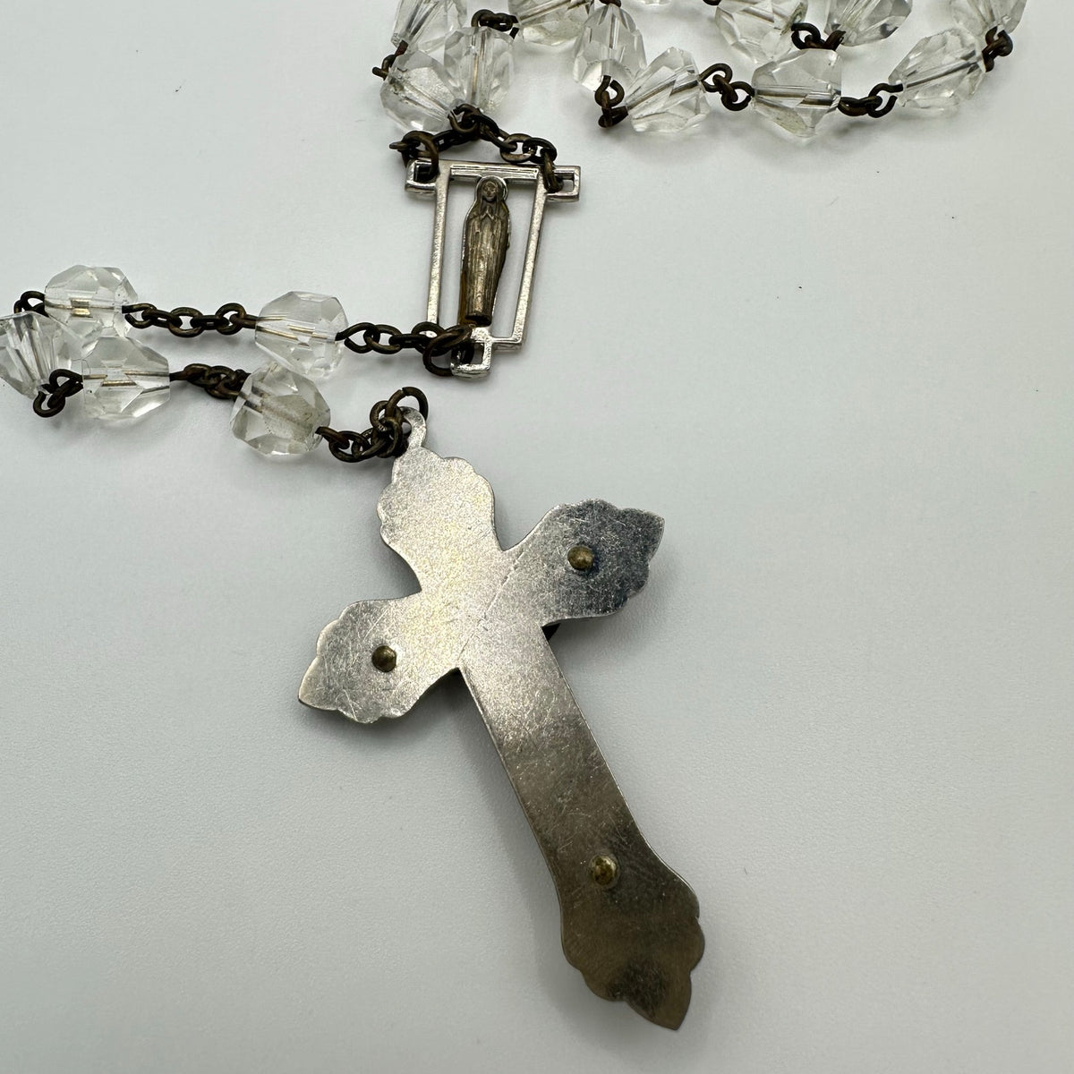 Vintage brass steel faceted clear glass beads beaded Catholic rosary necklace