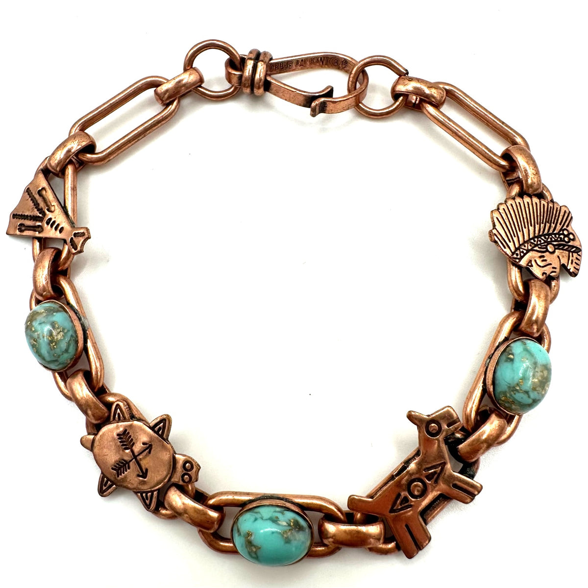 Vintage Southwestern solid copper figurals turquoise lucite cabochons bracelet
