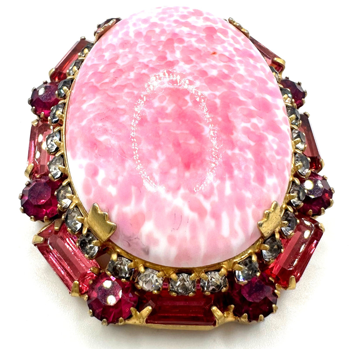 Vintage gold tone oval pink mottled art glass cabochon rhinestones brooch
