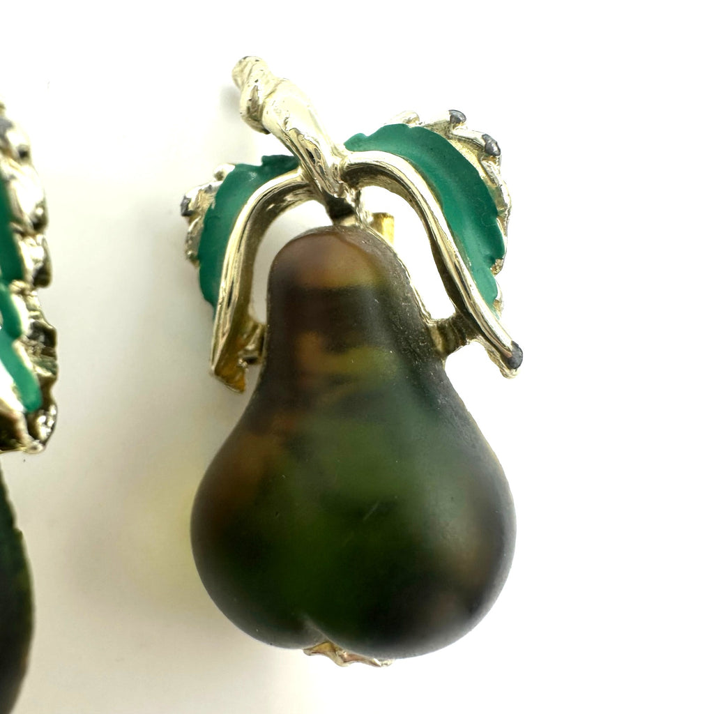 Set 2 vintage gold tone green Austrian art glass enamel pears brooches pins