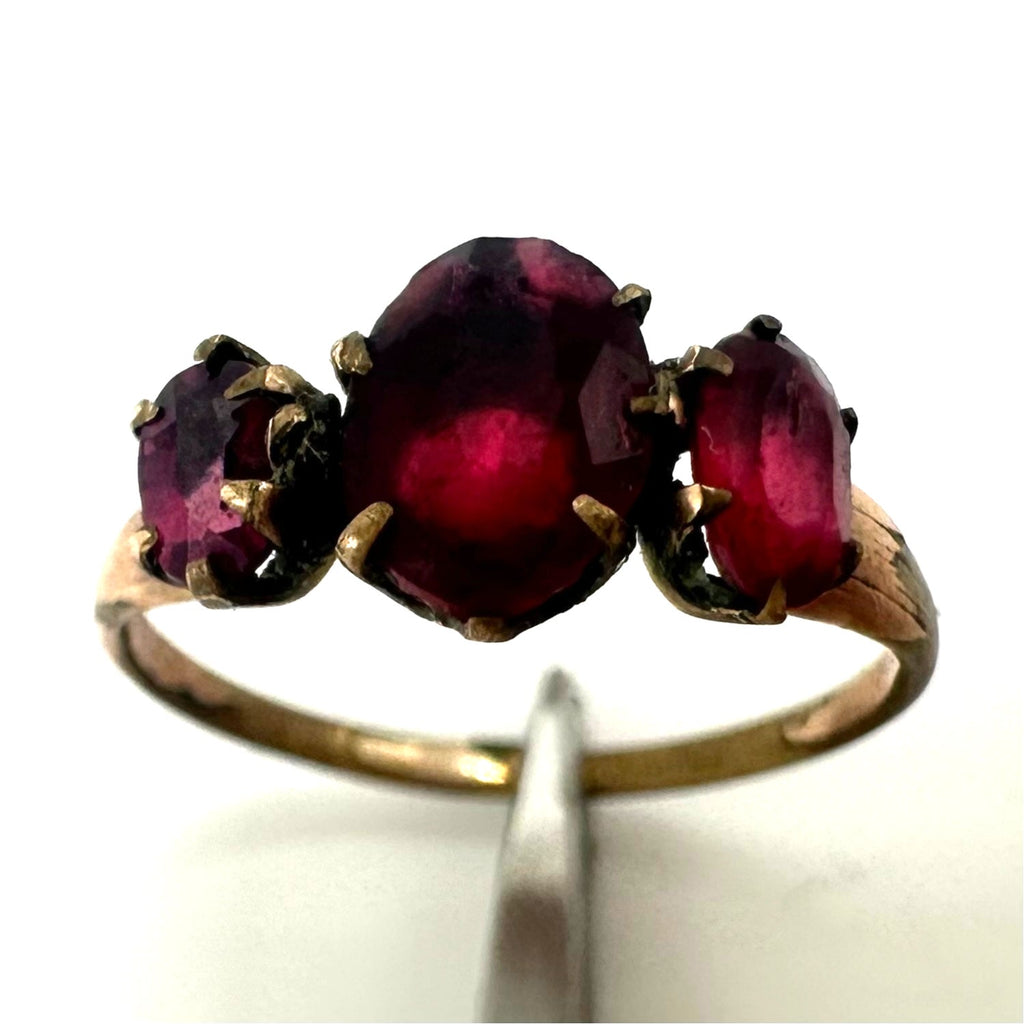 Antique Edwardian Victorian gold filled 3 stone red paste rhinestones ring 5