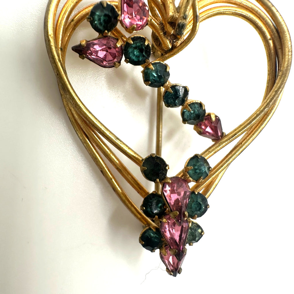 1940s 1950s vintage gold tone pink blue rhinestones heart brooch pin pendant