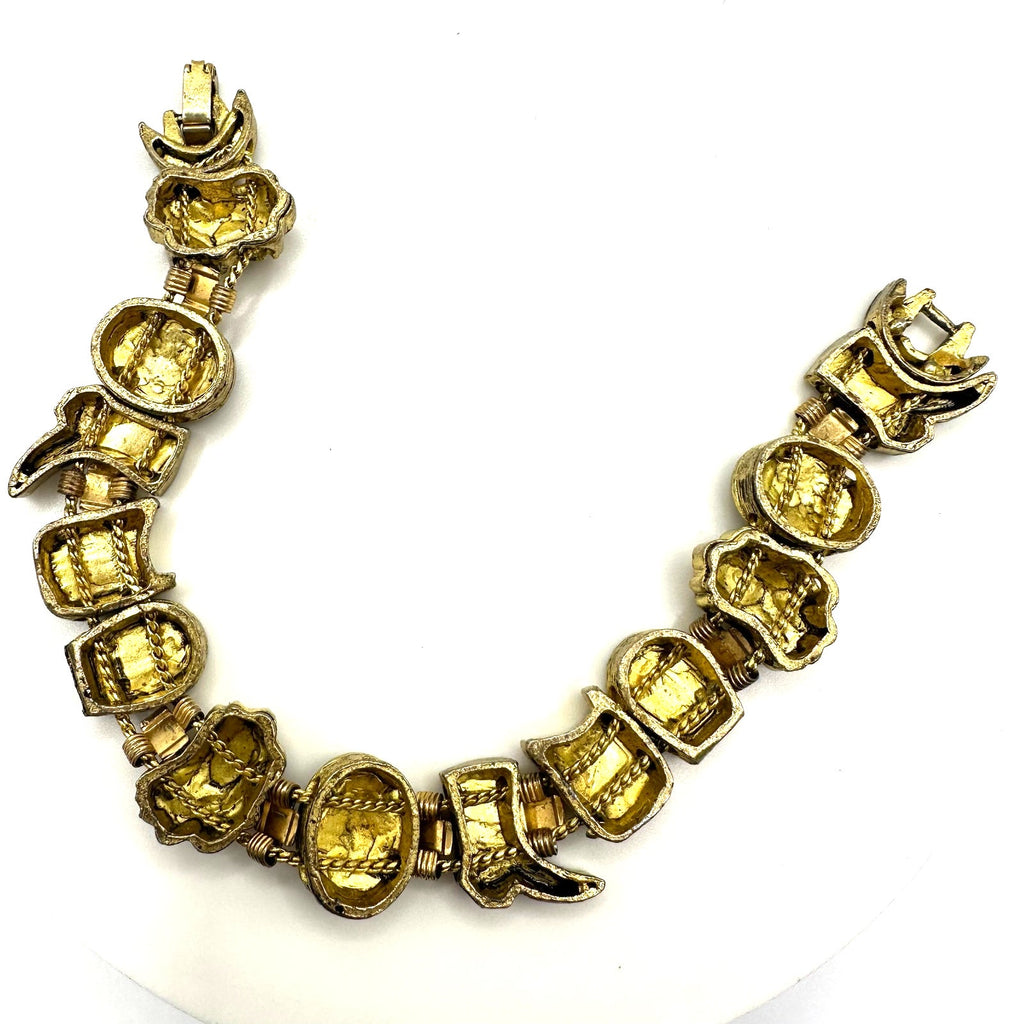 Vintage gold tone Southwestern cowboy hat boots rhinestone slider charm bracelet