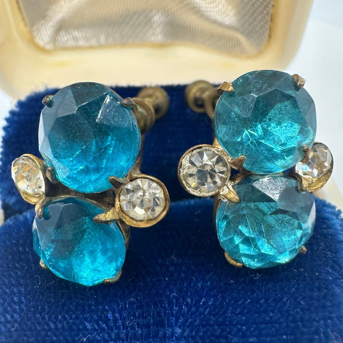 Antique gold tone blue Czech glass clear rhinestones screw back earrings