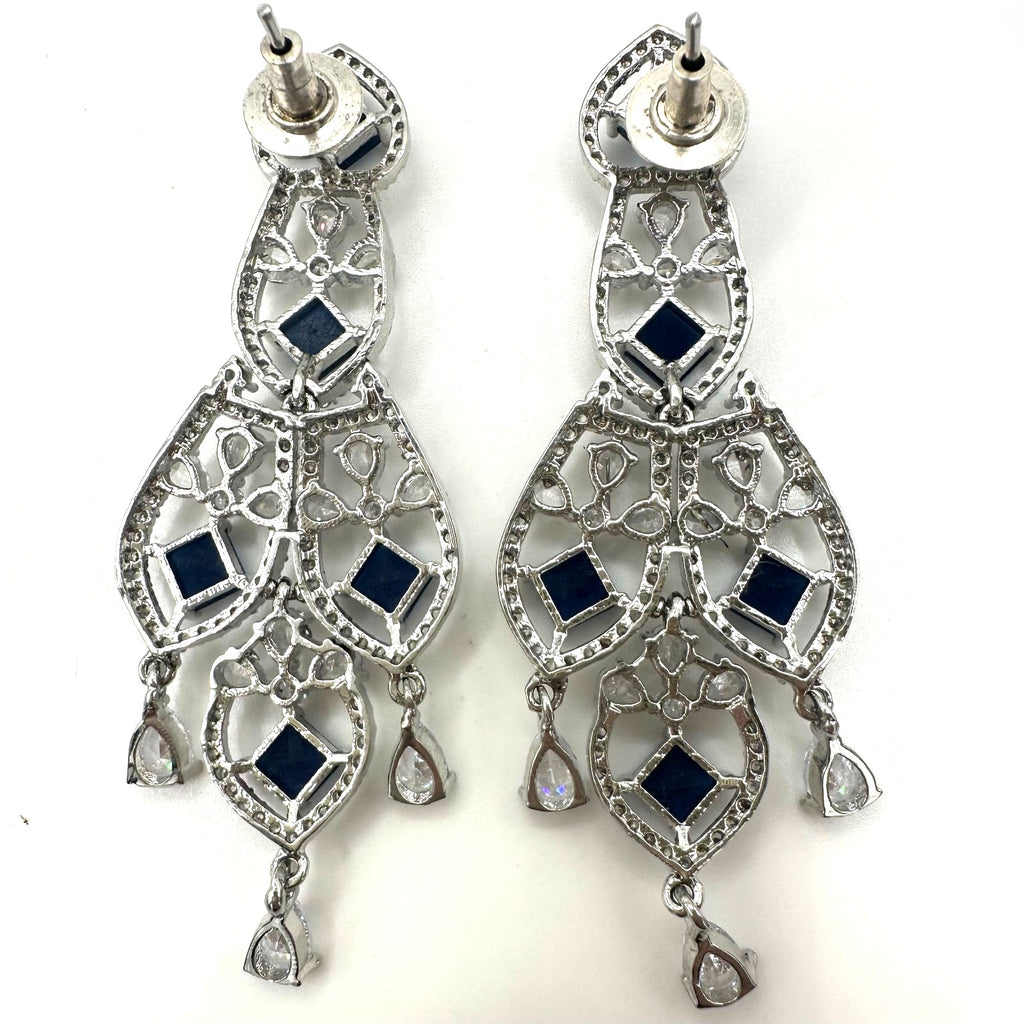 Silver tone blue faux sapphire clear cubic zirconia CZ drop post earrings