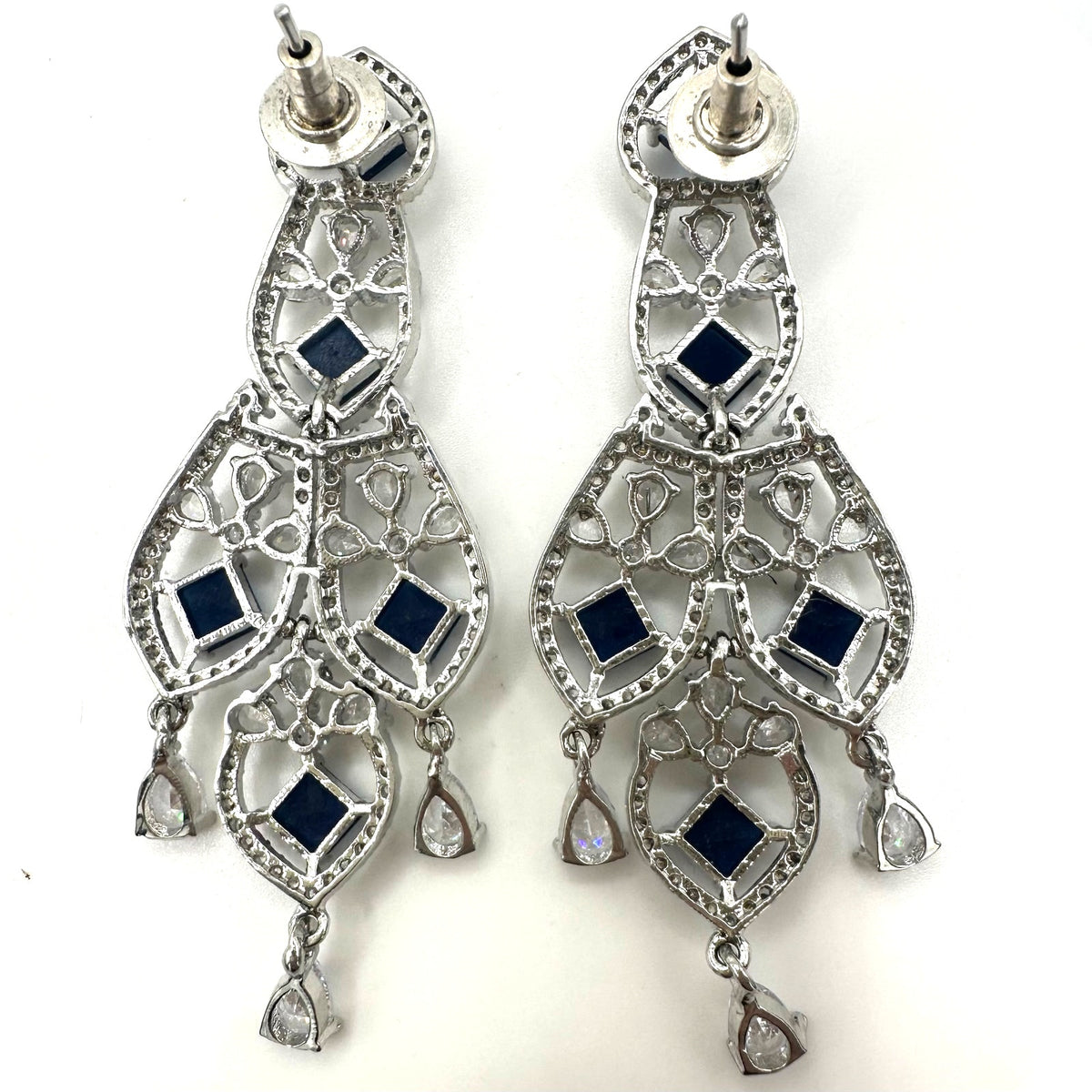 Silver tone blue faux sapphire clear cubic zirconia CZ drop post earrings