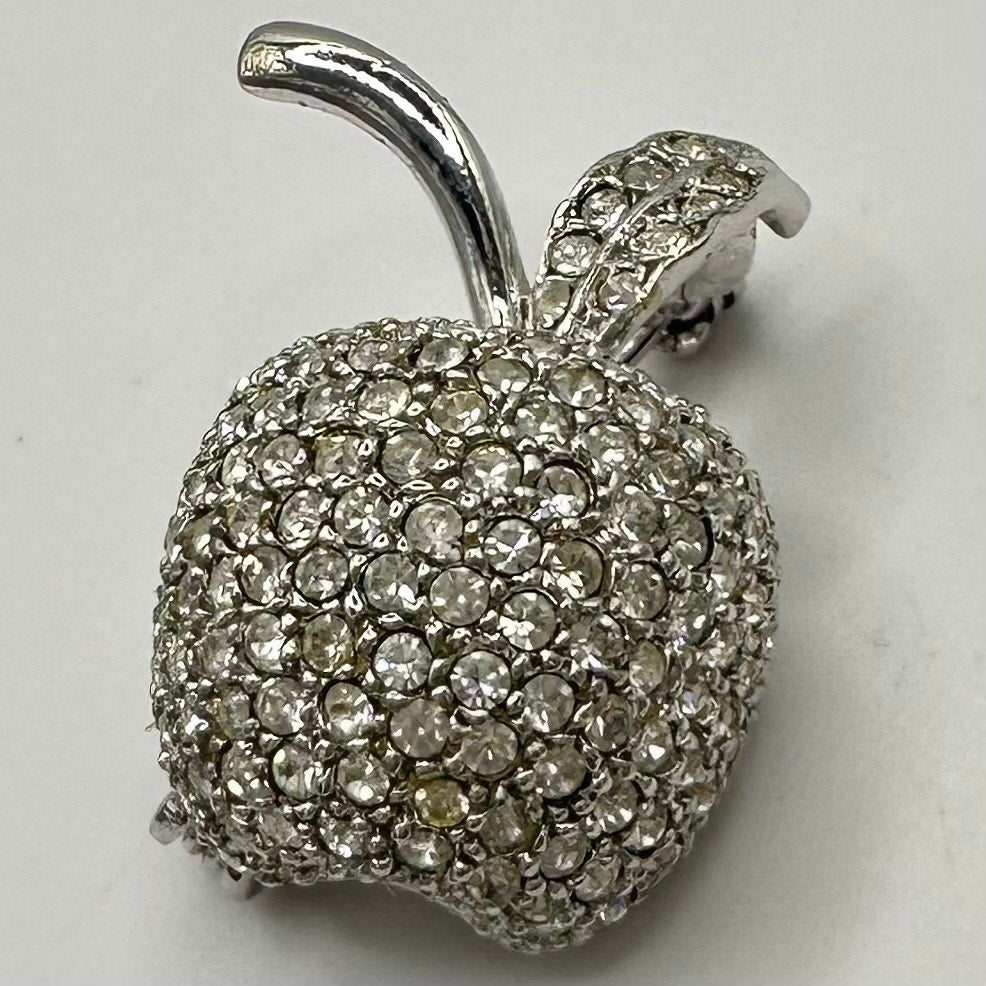 Nadri signed silver tone clear pavé glass rhinestones apple brooch pin