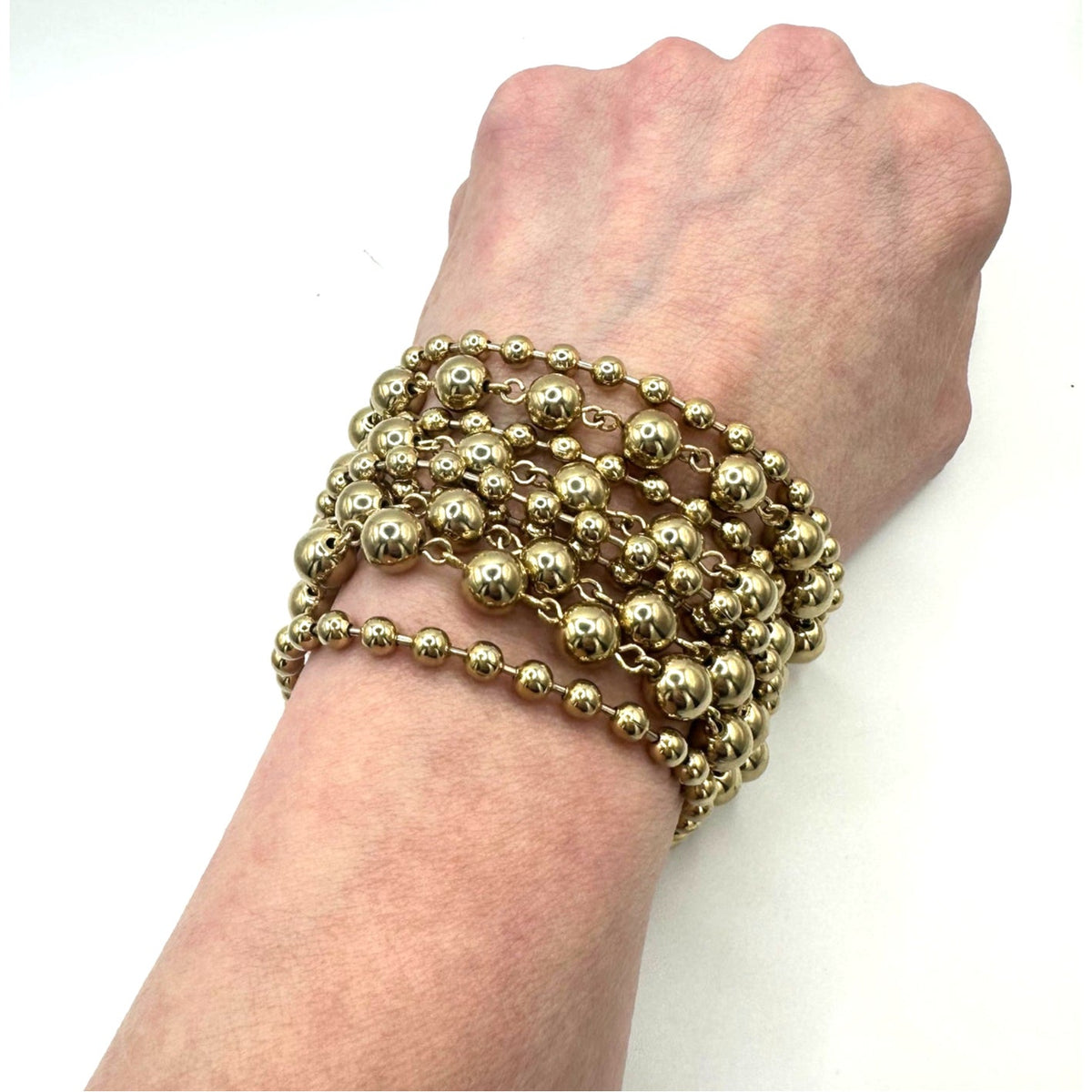Vintage gold tone chunky 9 strand beaded metal ball chains statement bracelet