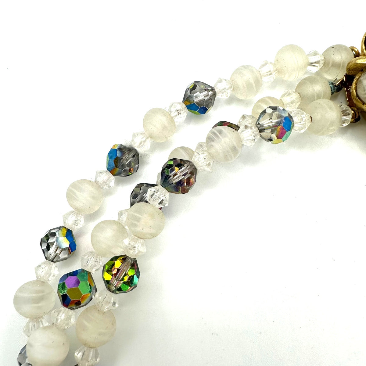 Vintage 3 strand watermelon AB aurora borealis white art glass beaded necklace