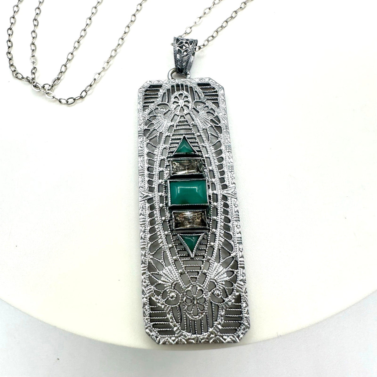 Antique Art Deco rhodium plated Czech glass filigree pendant sterling necklace