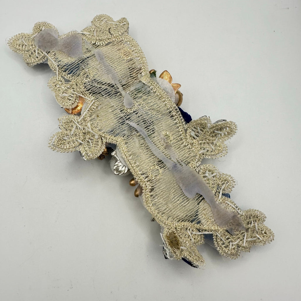 Massive large gold tone blue roses rhinestones pearls beaded sewing applique