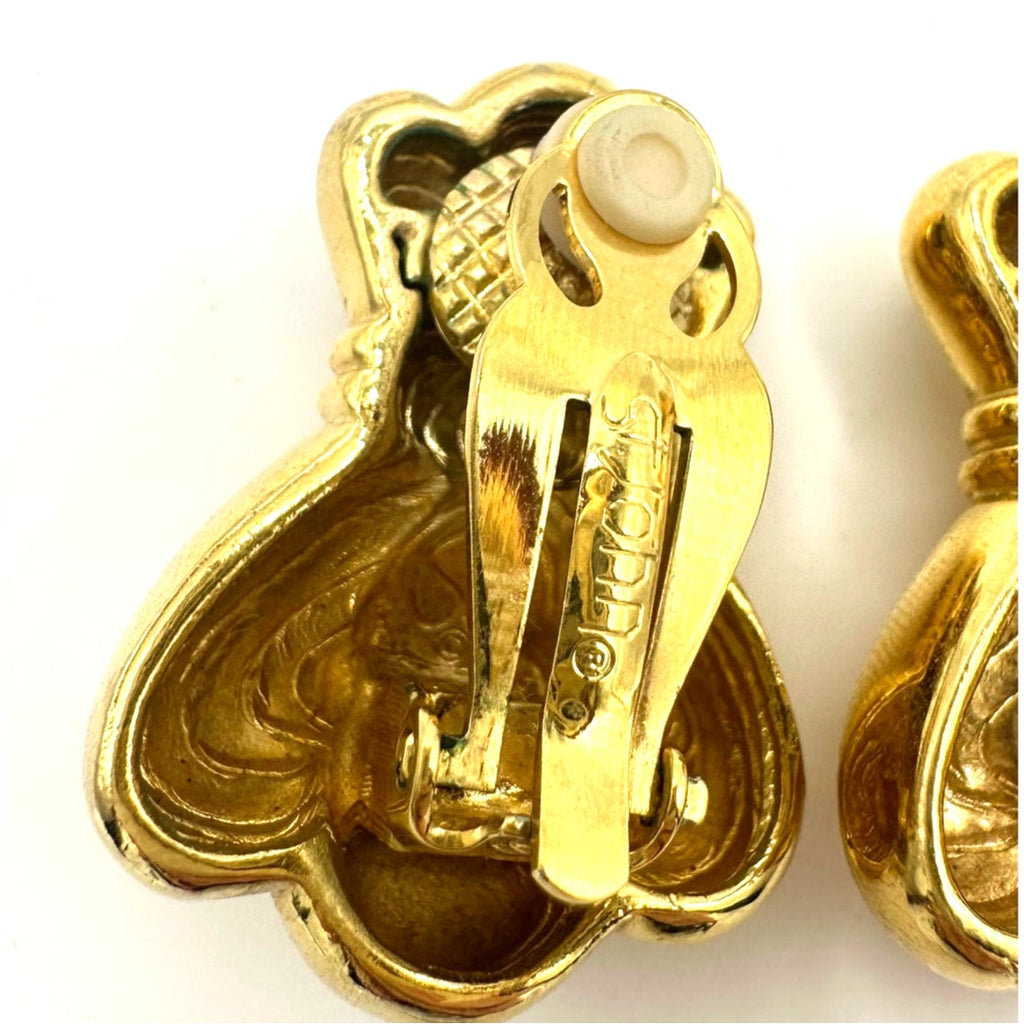 St. John signed 1980s 1990s vintage gold plated heavy abstract clip on earrings