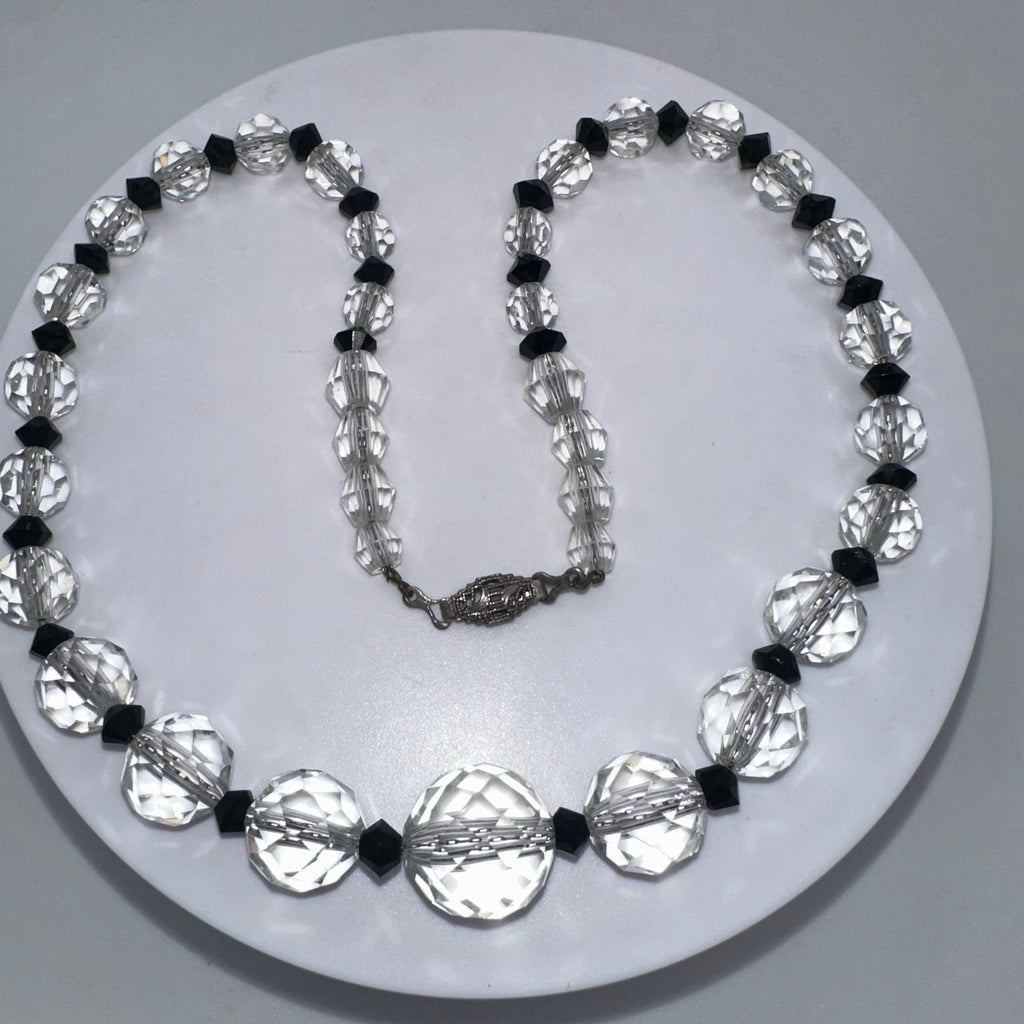 Antique Art Deco 1930s clear black Czech glass beads beaded graduated necklace