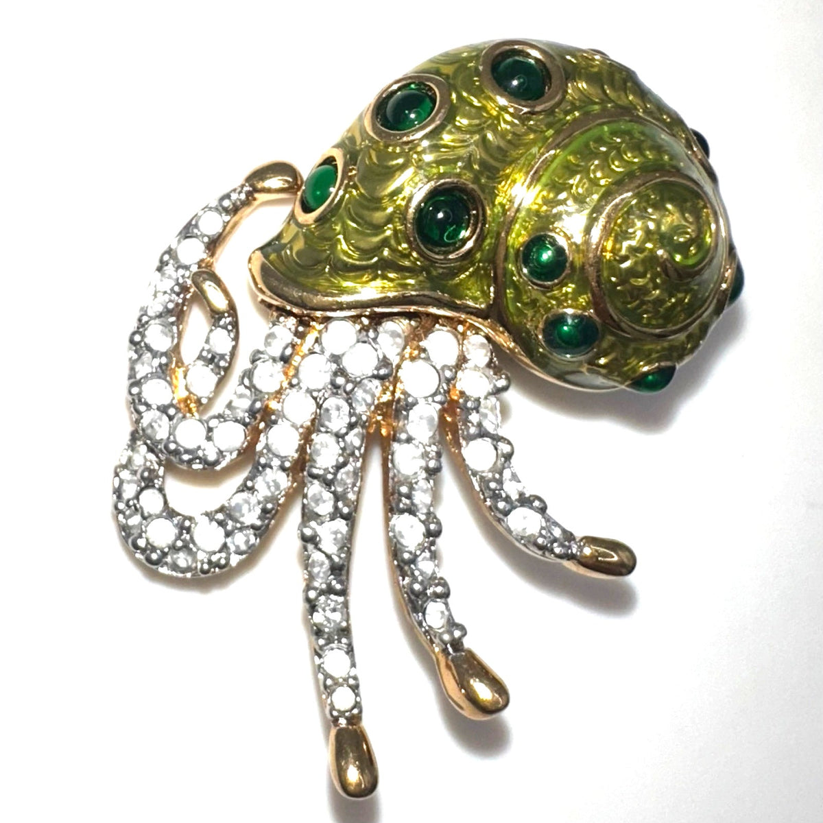 Swarovski Swan vintage gold plated Austrian crystal green enamel nautilus brooch
