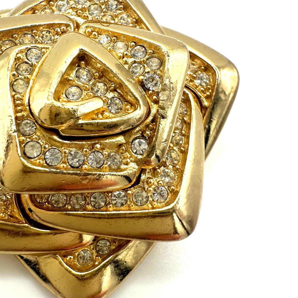 Rare Christian Dior 80s vintage gold plated clear crystals geometric rose brooch