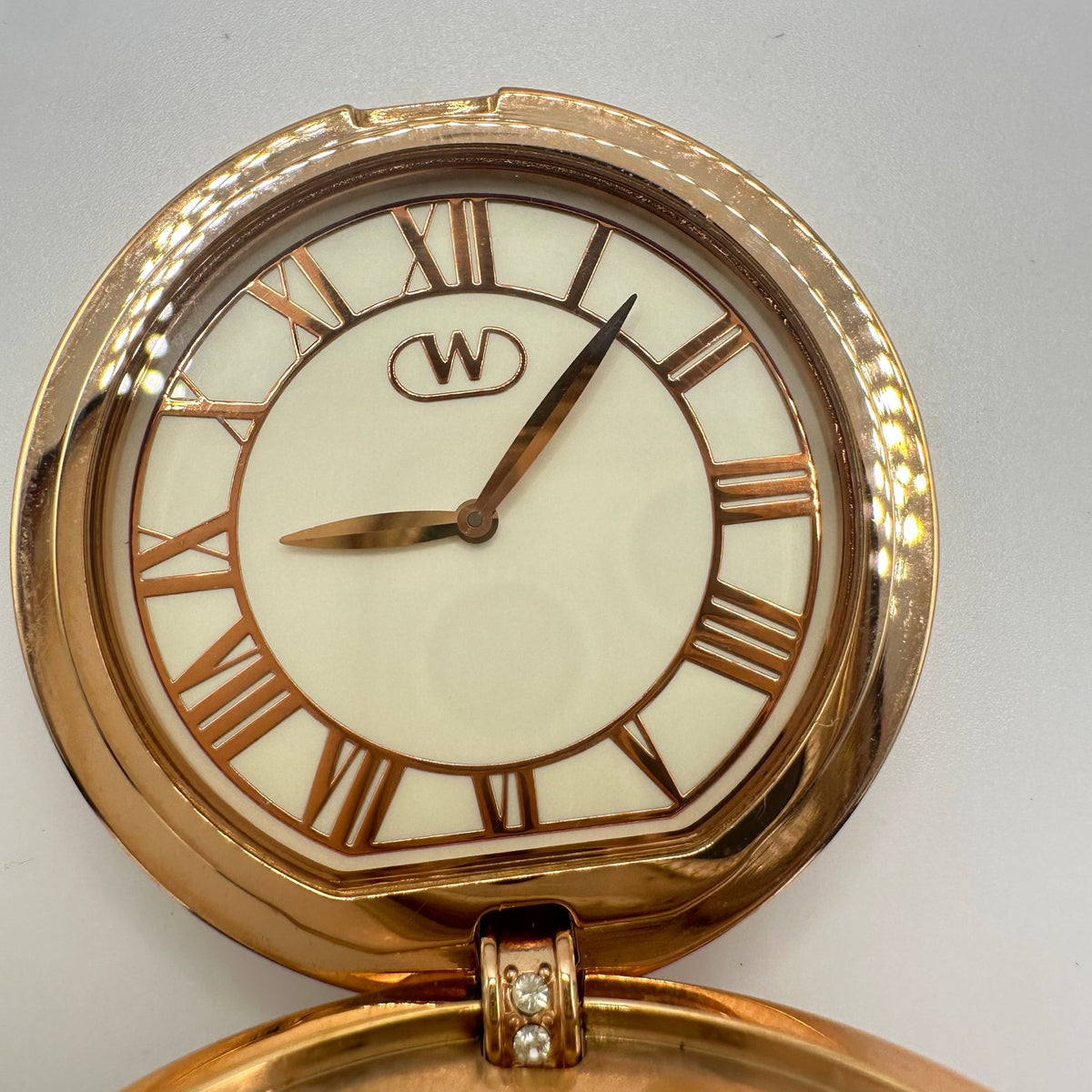 Wintex rose gold pink enamel clear rhinestones quartz pocket watch necklace