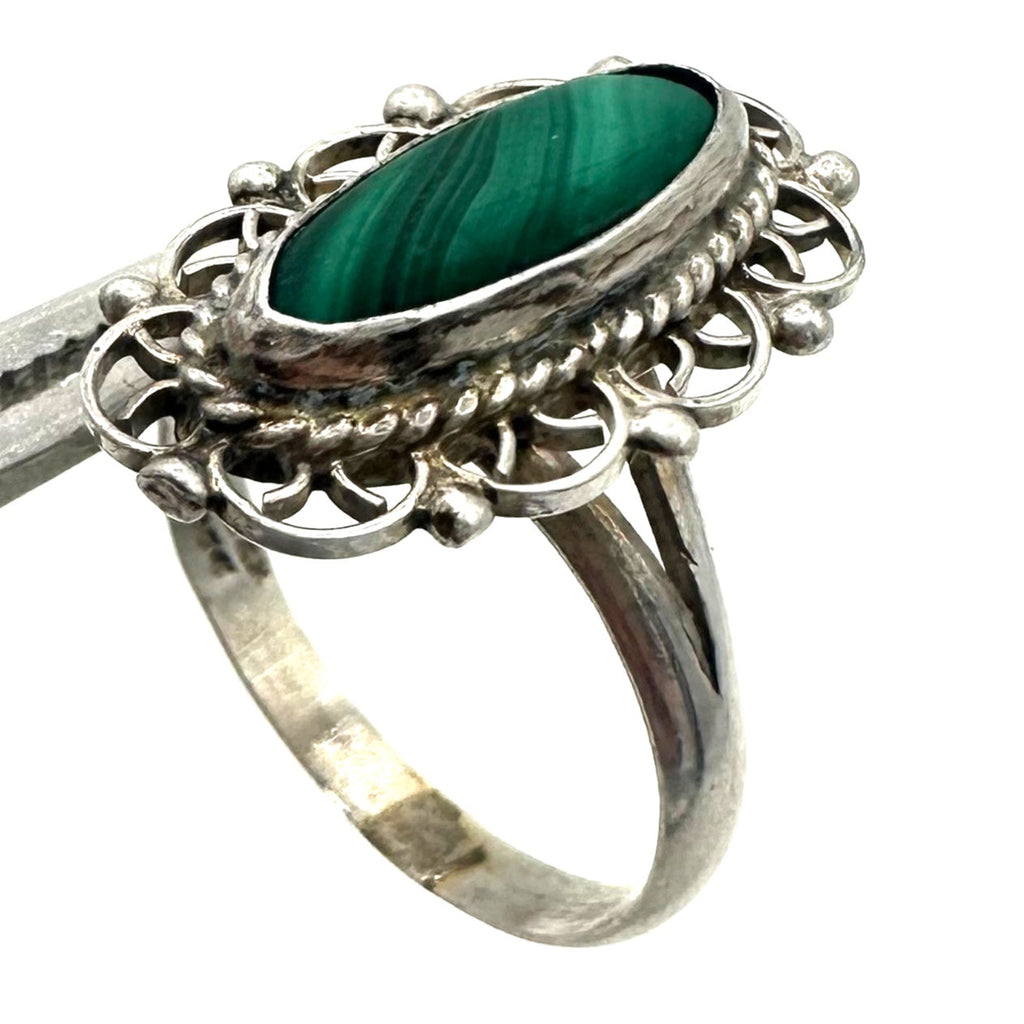 Taxco Mexico vintage 925 sterling silver green malachite cabochon ring size 9.5