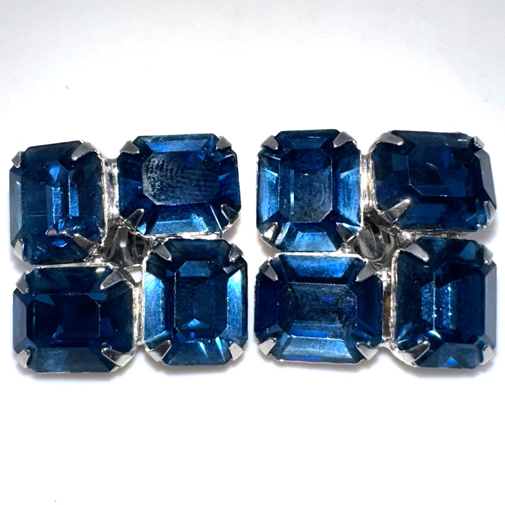 Vintage silver tone large Montana blue glass rhinestones clip on earrings