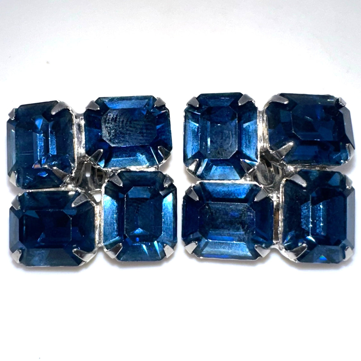Vintage silver tone large Montana blue glass rhinestones clip on earrings