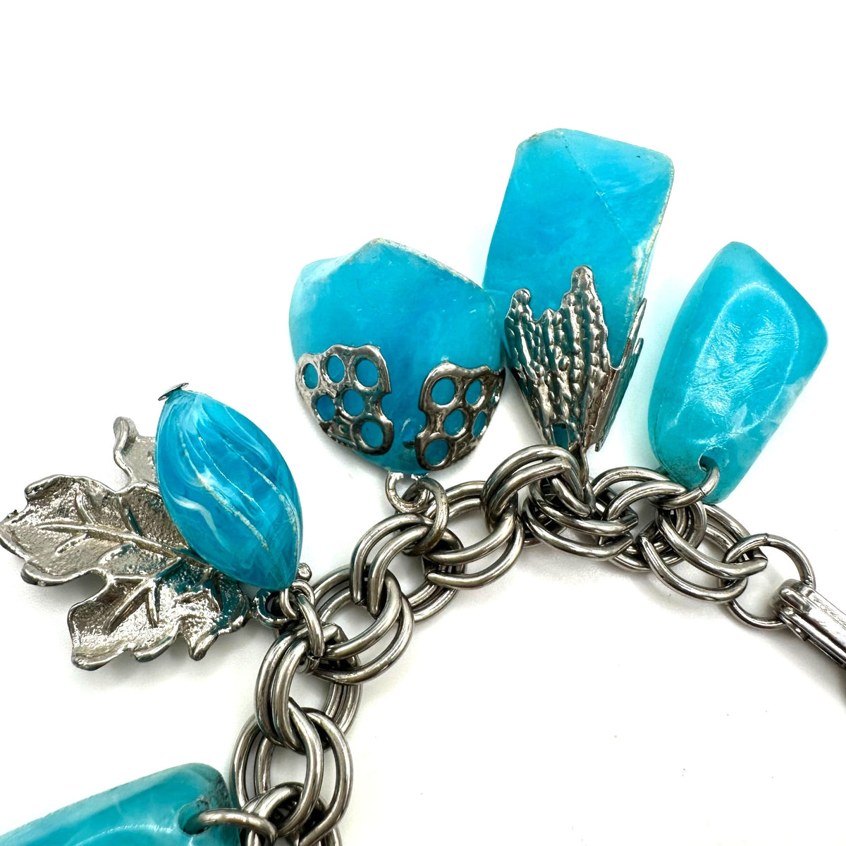 Vintage 1960s silver tone double cable link light blue lucite charms bracelet