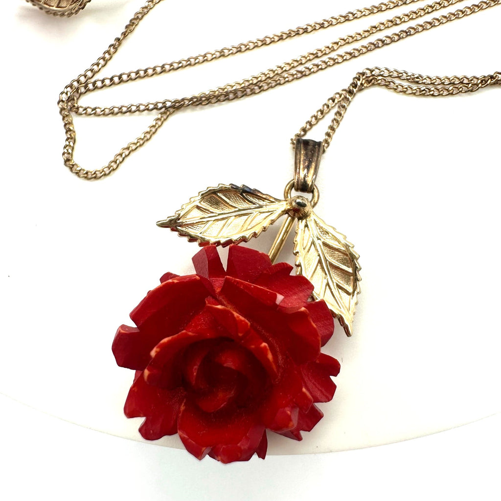 Vintage 12kt gold filled red celluloid roses necklace screw back earrings set